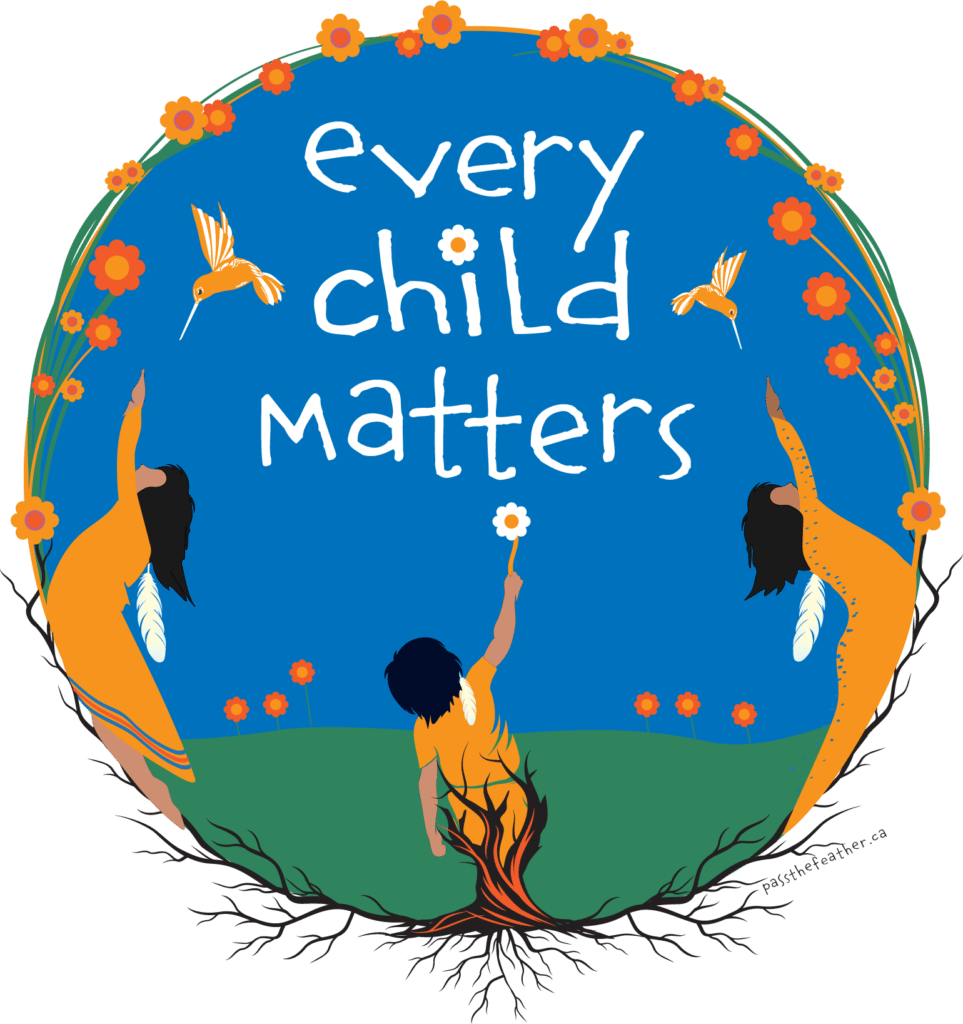 Three children wearing orange reach up to a blue sky where the words every child matters are in white. Hummingbirds and flowers float above.